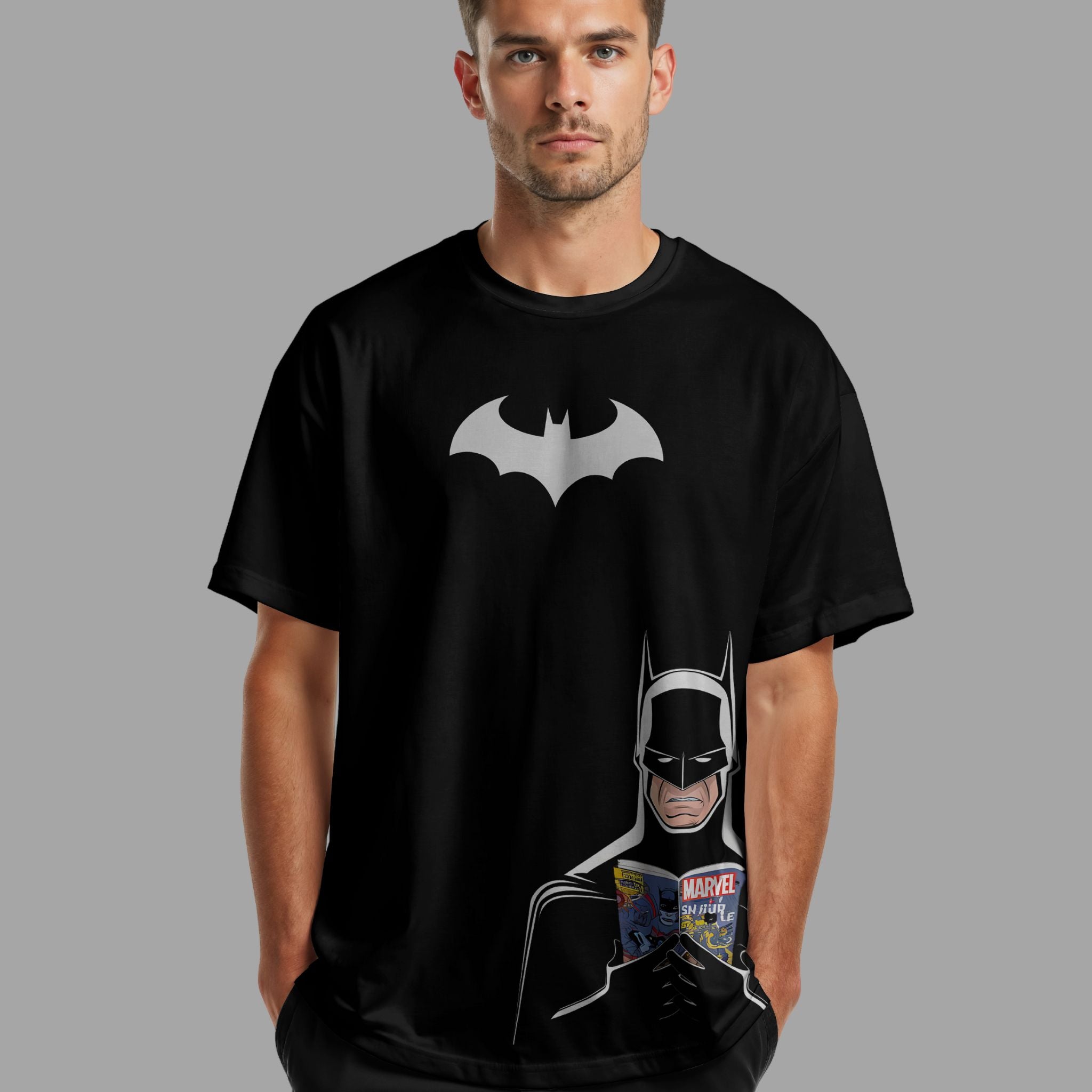 Batman Reading Marvel book Printed Oversized T-Shirt