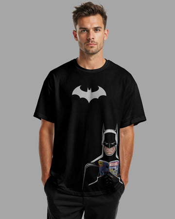 Batman Reading Marvel book Printed Oversized T-Shirt