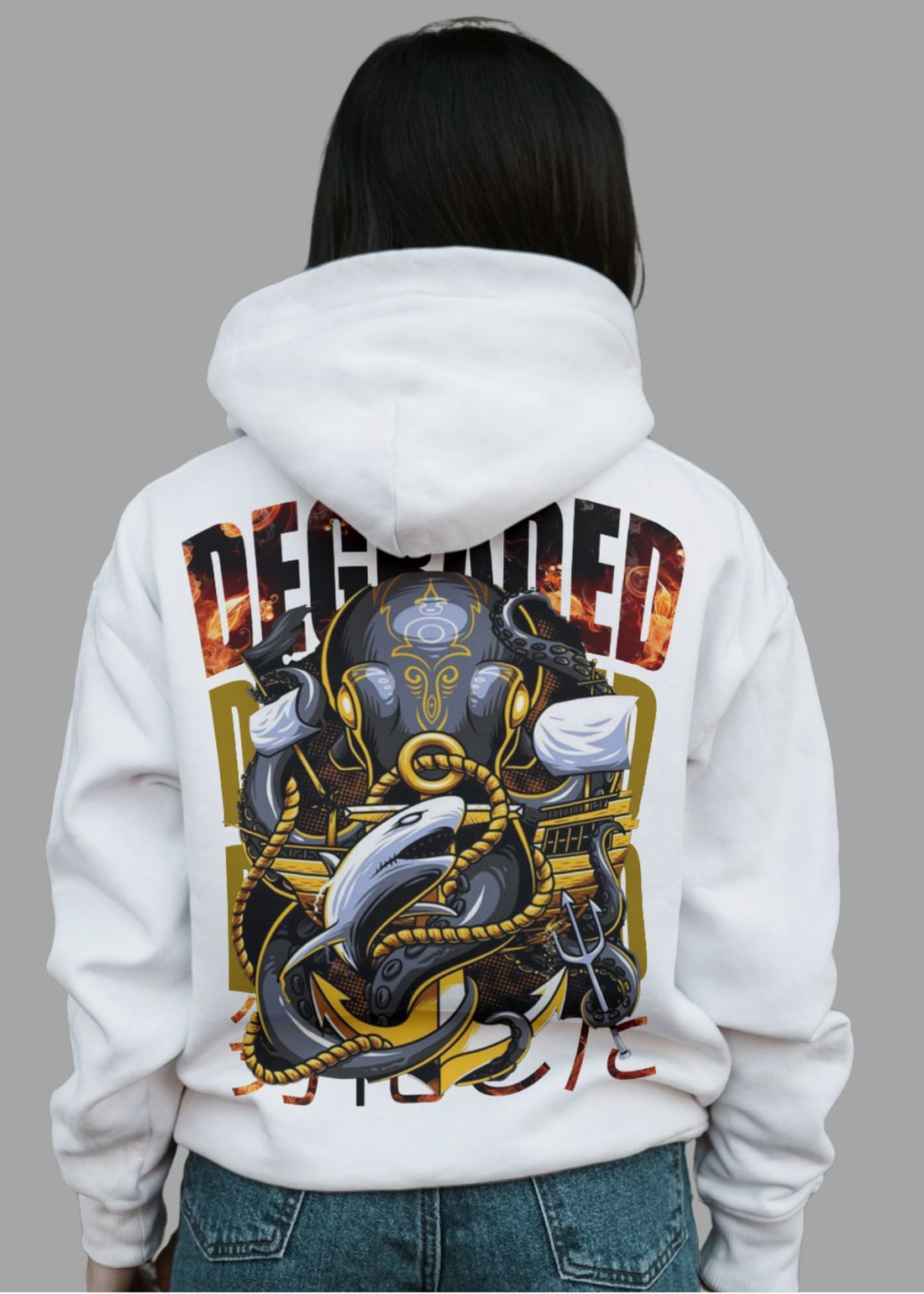 DEGRADED but never defeated.
This hoodie speaks louder than words—where street art meets rebellion.
