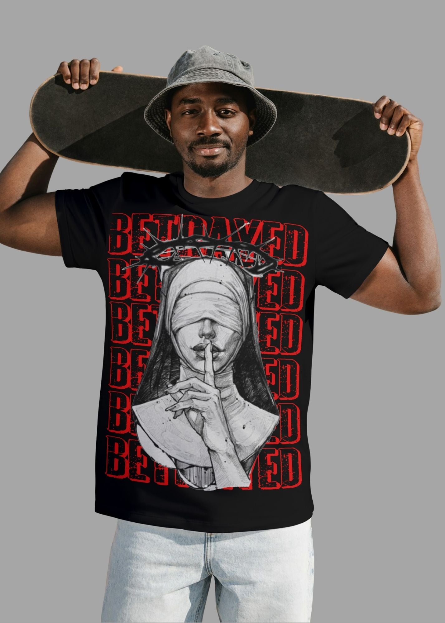 Betrayal leaves scars deeper than silence. Street meets soul in this bold graphic tee — speak less, express more. #BETRAYED