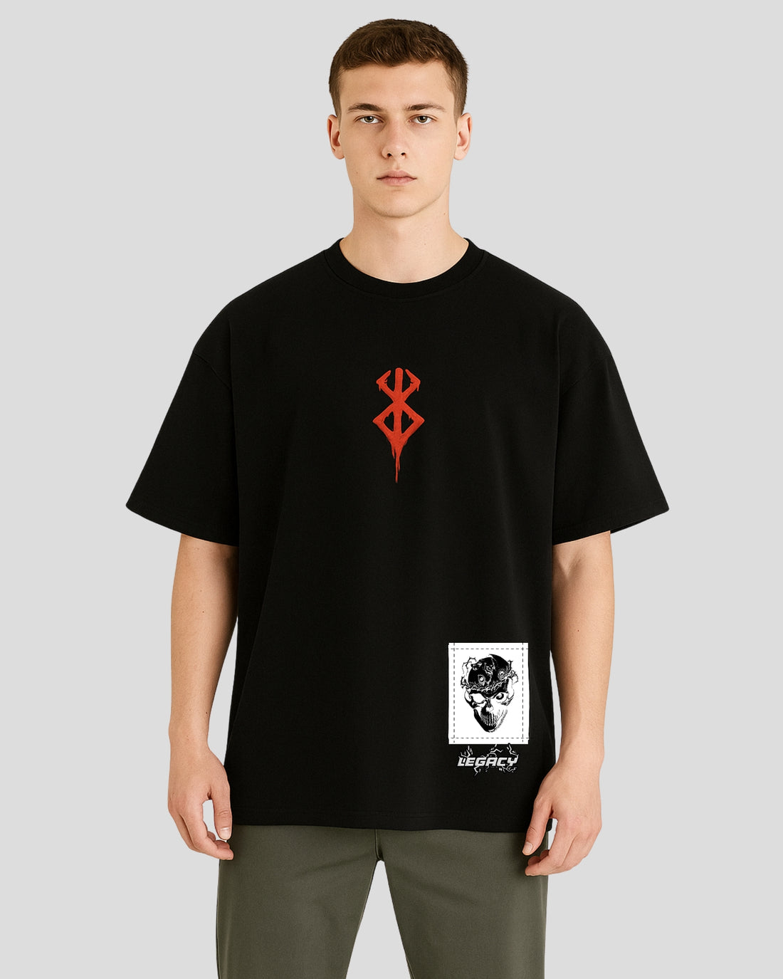 "Legacy Oversized Black T-Shirt with Puff Print & Patch Work & bold skull artwork. Premium cotton, relaxed streetwear fit. Unisex style – stand out with Legacy."